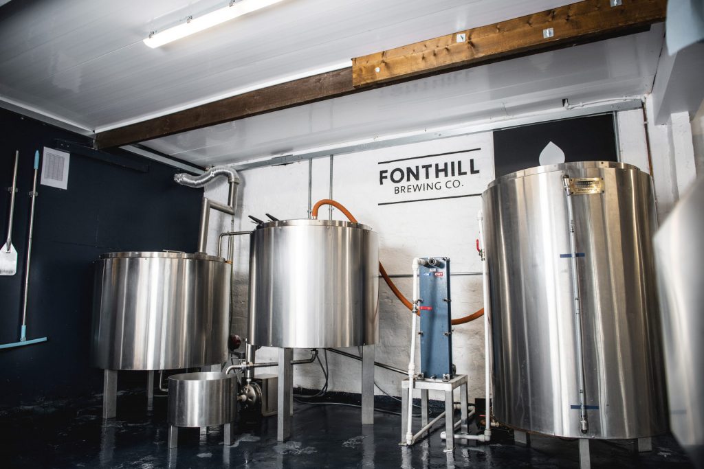 Fonhilll's brewing setup in shiny chrome.