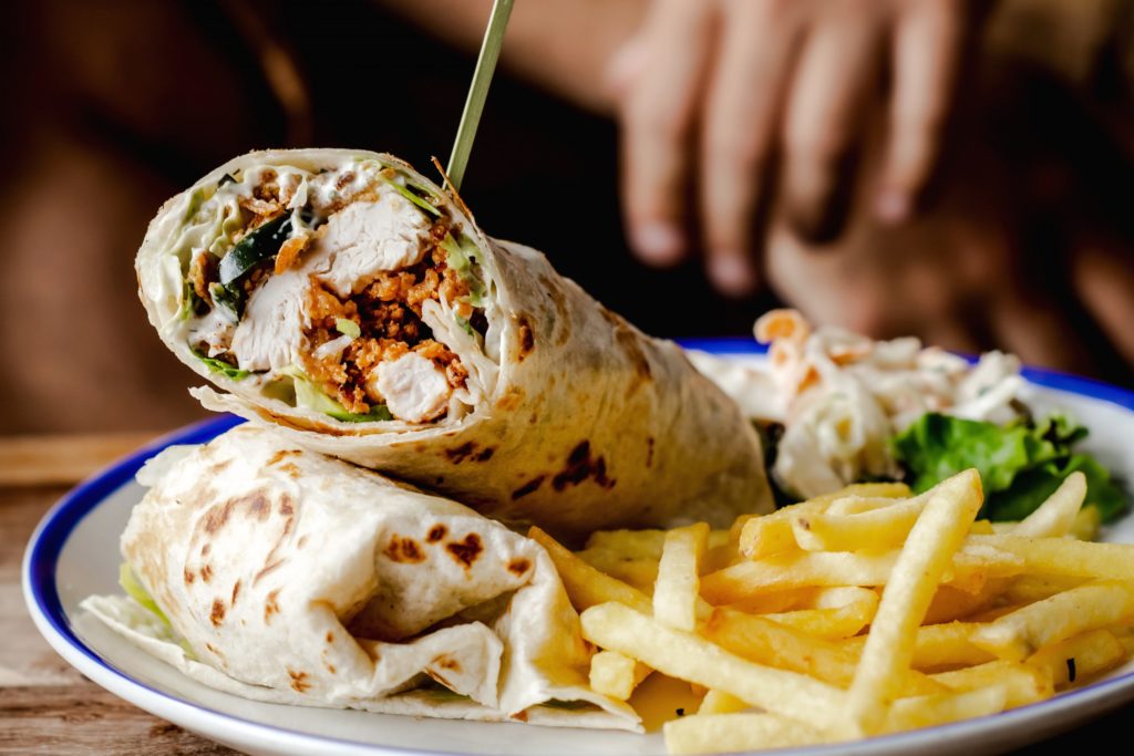 The George pub's Chicken wrap, as served with fries and coleslaw
