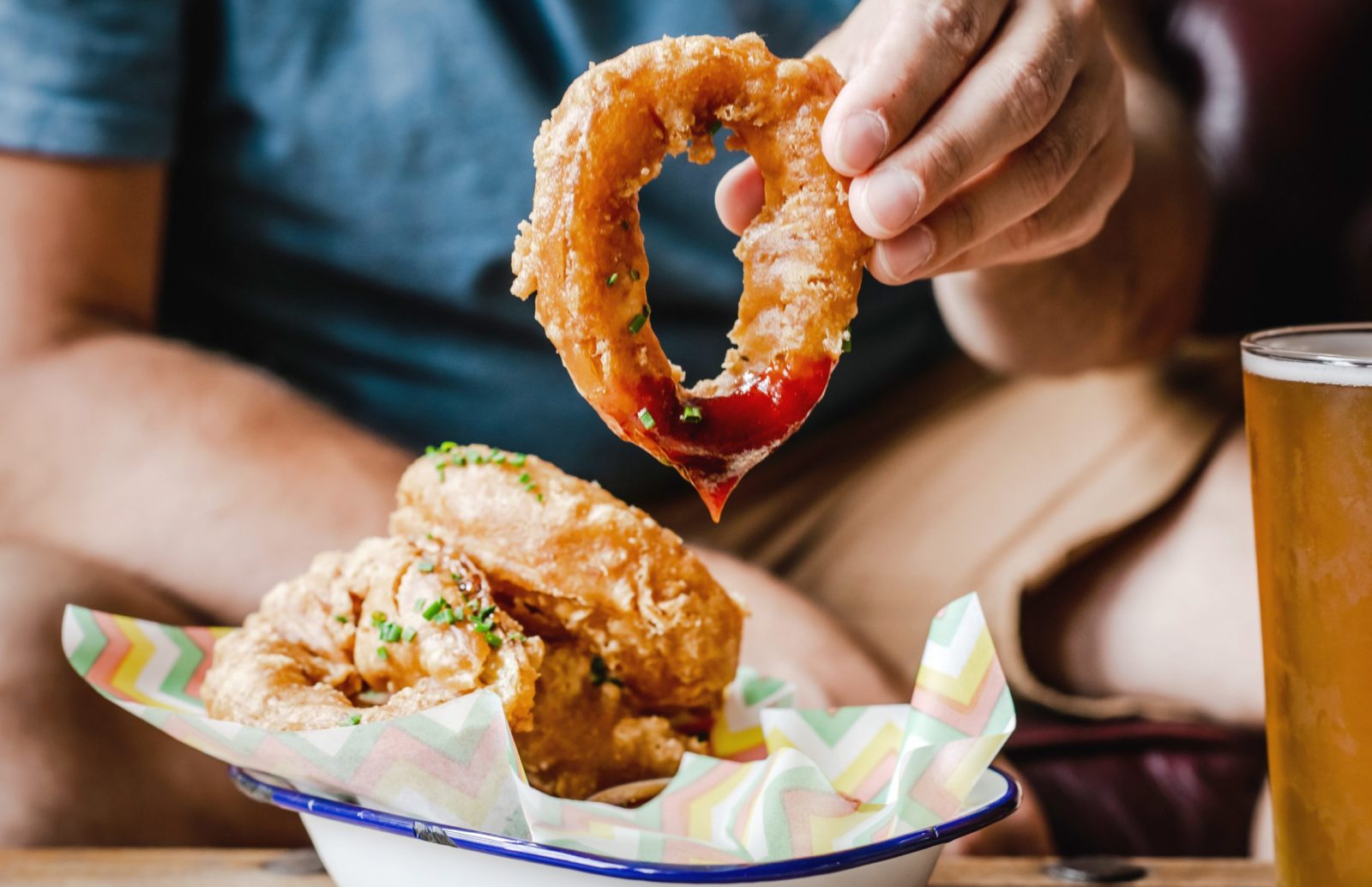 Giant Fonthill beer battered onion rings with BBQ sauce