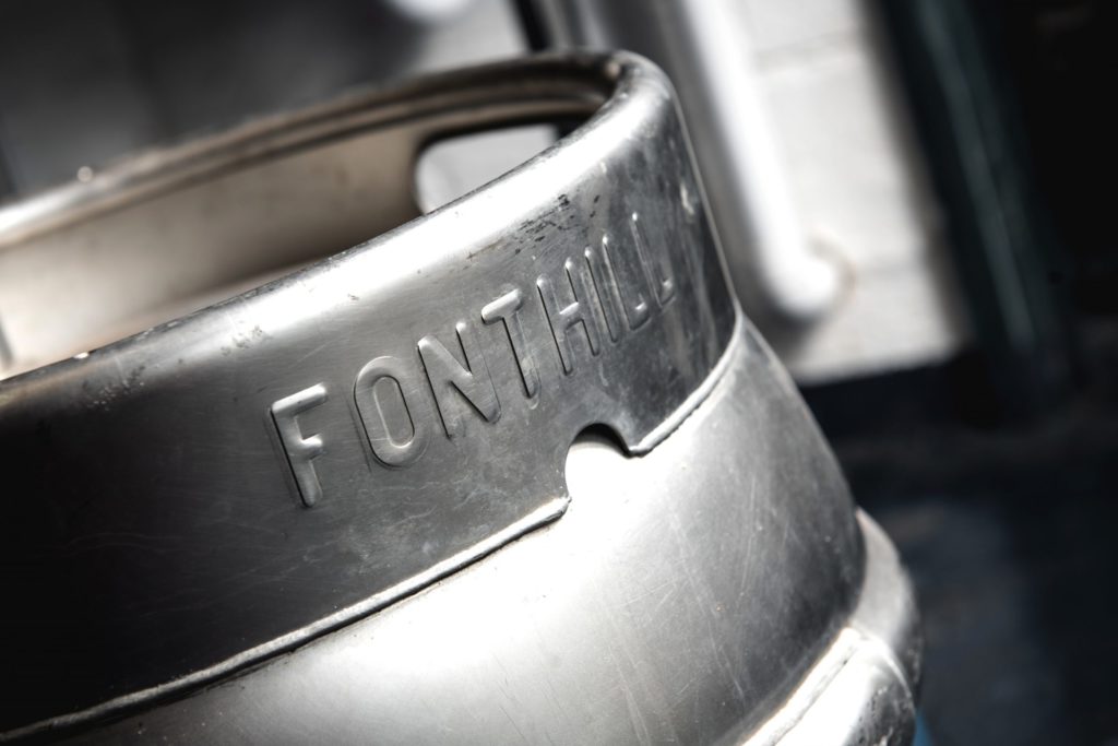 A keg, with the Fonthill logo imprinted on it