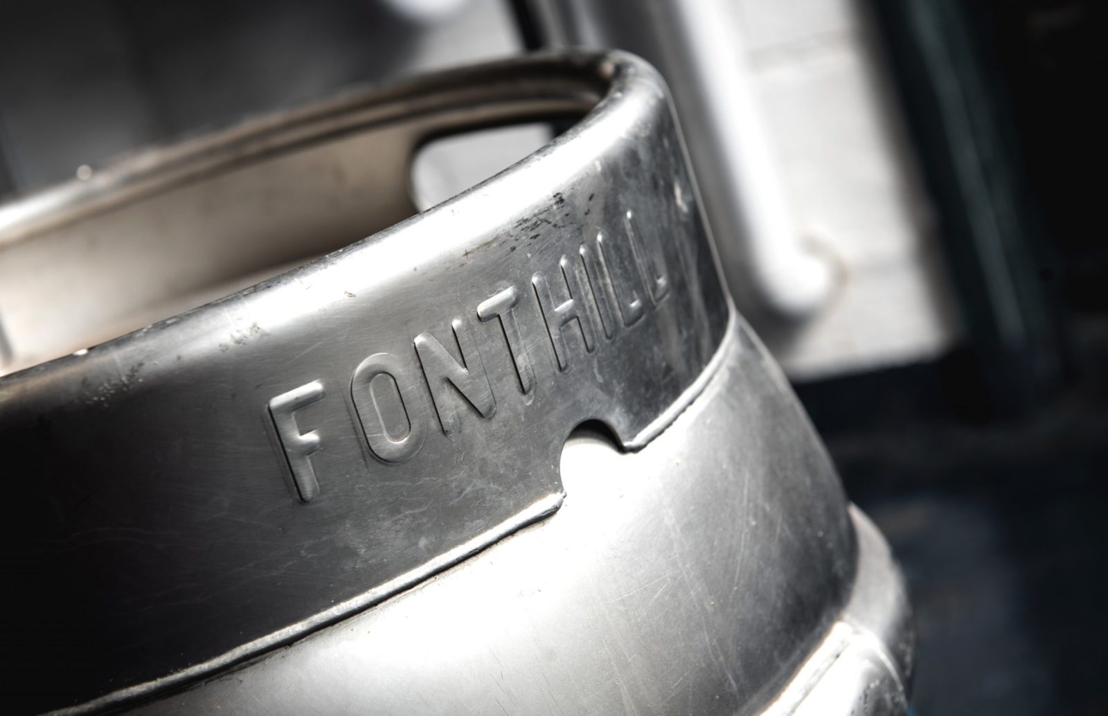 Close up of a keg of beer with the Fonthill logo printed on it