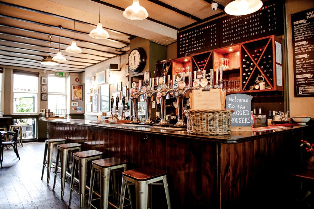Beautifully kept bar of The Ragged Trousers pub and brasserie in Tunbridge Wells offering a range of craft beer and real ale