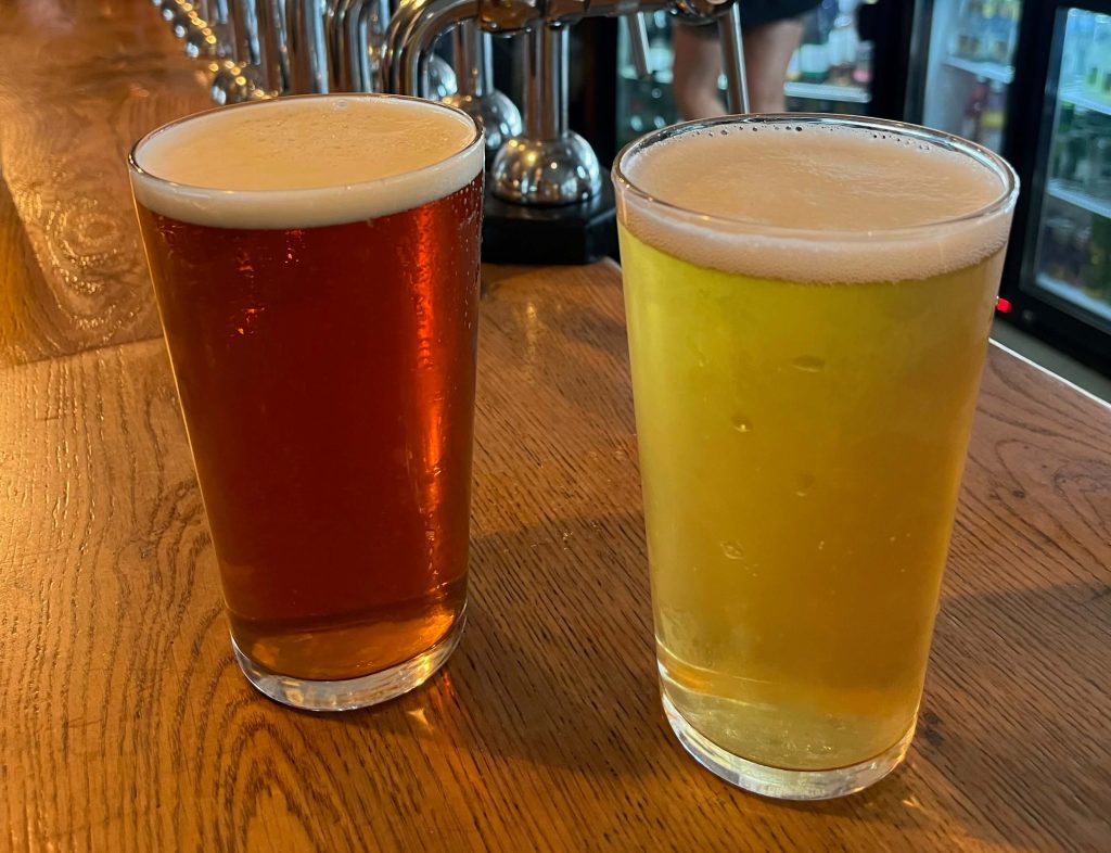 A pint of Fonthill Creedence ale and a pint of Fonthill Lager at The George bar in Tunbridge Wells