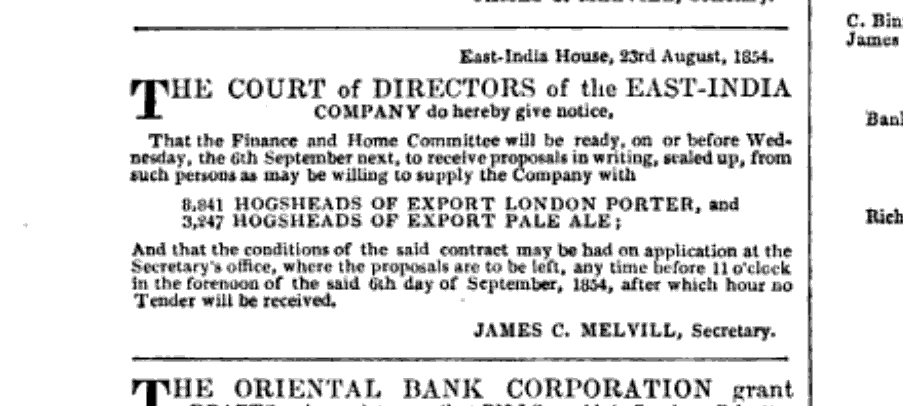 Tender from the East-India Company in 1854 showing higher demand for porter compared with India pale ale