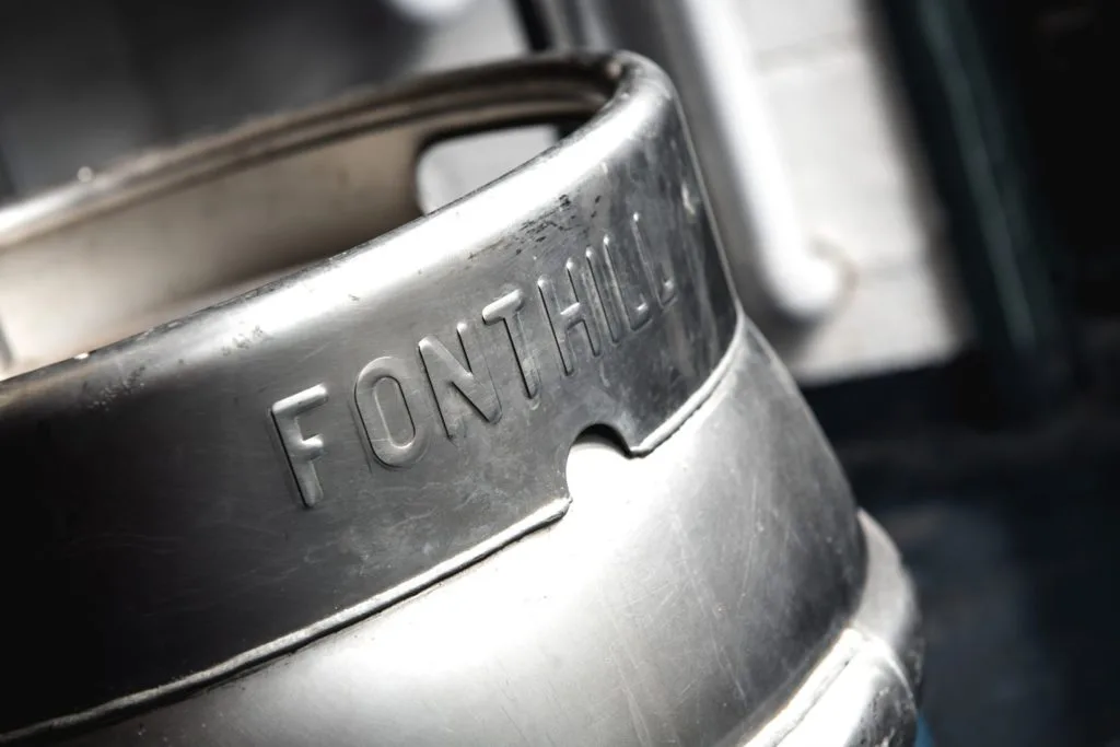 Close up of a keg of beer with the Fonthill logo printed on it